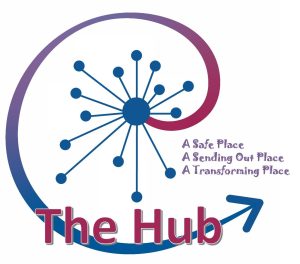 The Hub logo - has a central starburst with a line coming from the centre and swooping around for 360 degrees with an arrow on the end. The words: A safe place, a sending out place and a transforming place are written near the centre of the logo